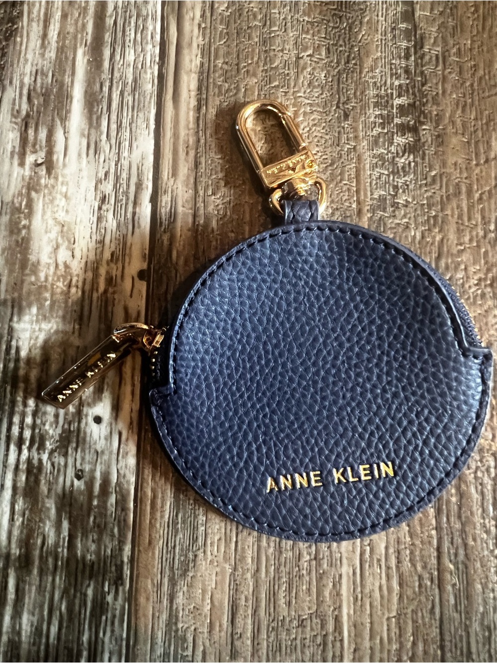 Anne Klein Navy Pebbled Faux Leather Round Coin Pouch with Gold Accent